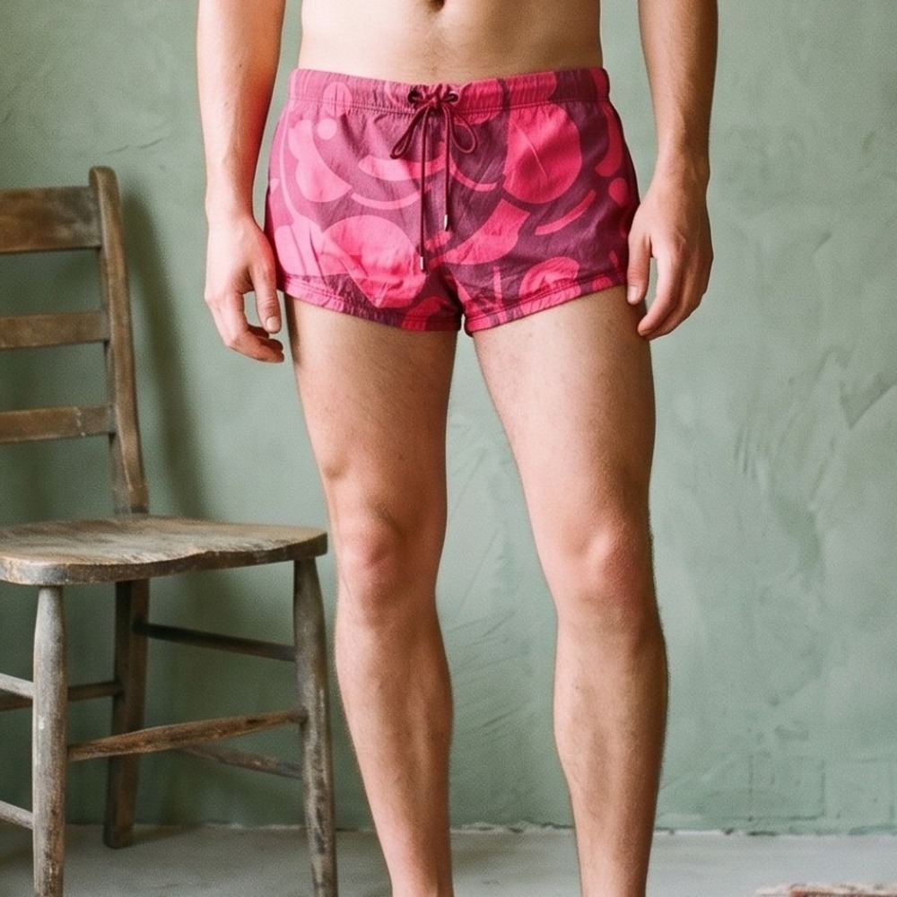 Vintage 90s Gucci Mens Swim Short Large Pink Abstract Drawstring Luxury Tom Ford